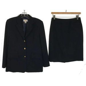 Womens Petite Size 6 6P Talbots Navy Blue Pure Wool Blazer and Skirt Suit Set
